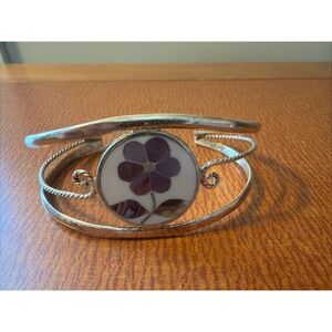 Gorgeous Alpaca Mexico Silver Abalone Pink Flower Cuff Split Bar Bracelet Opal
